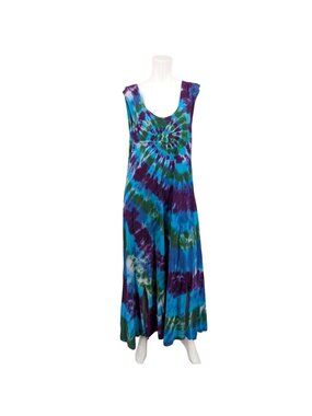 Vtg Tie Dye Maxi Tank Dress Hippie Festival USA Lagenlook Double Slit XXLarge